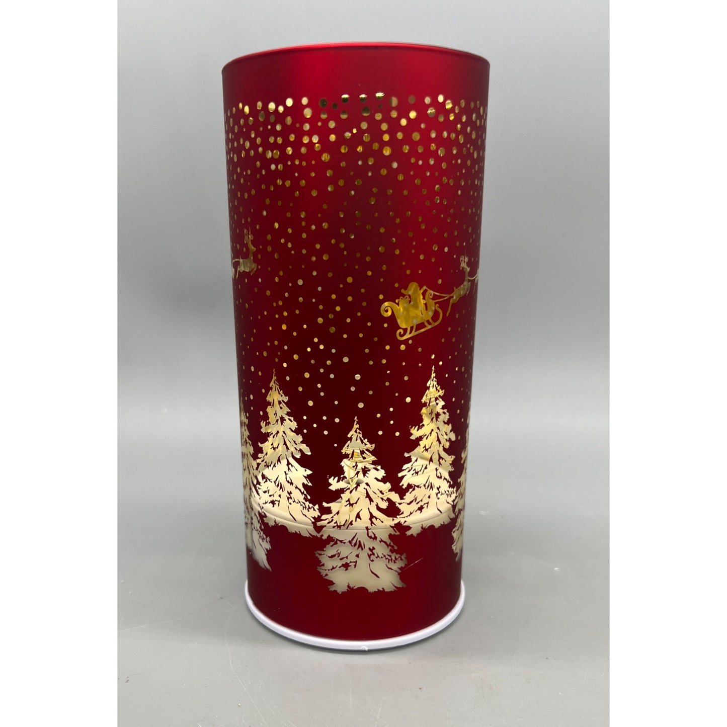 Rotating 8" LED Glass Cylinder With Laser Etched Santa Sleigh & Tree Design