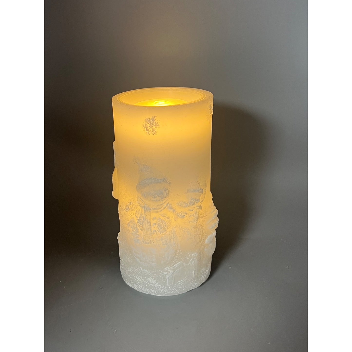 Snowman Embossed LED Flameless Fountain Candle 8" Tall White Frosted Glow Winter Décor Battery Operated