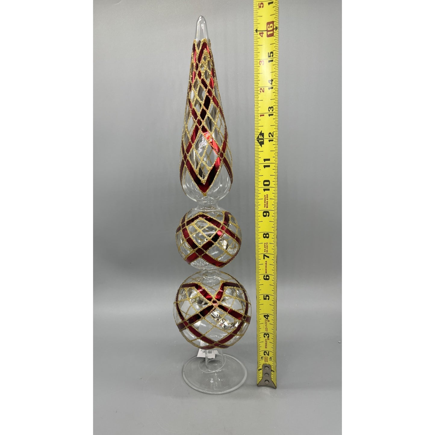 17 Inch Clear Glass Two Ball Finial W/Burgundy & Gold