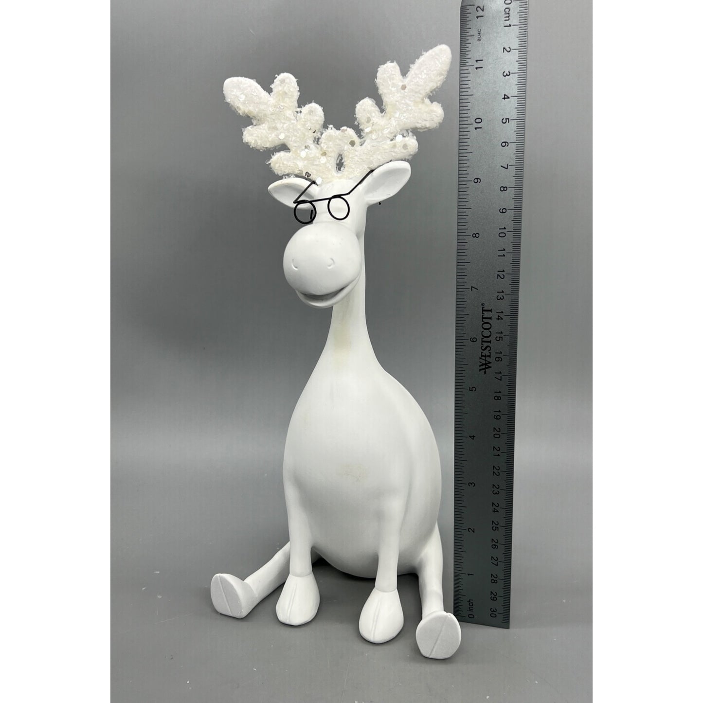 White Moose Figurine With Glasses & Glittered Antlers Hand Decorated 11.5”