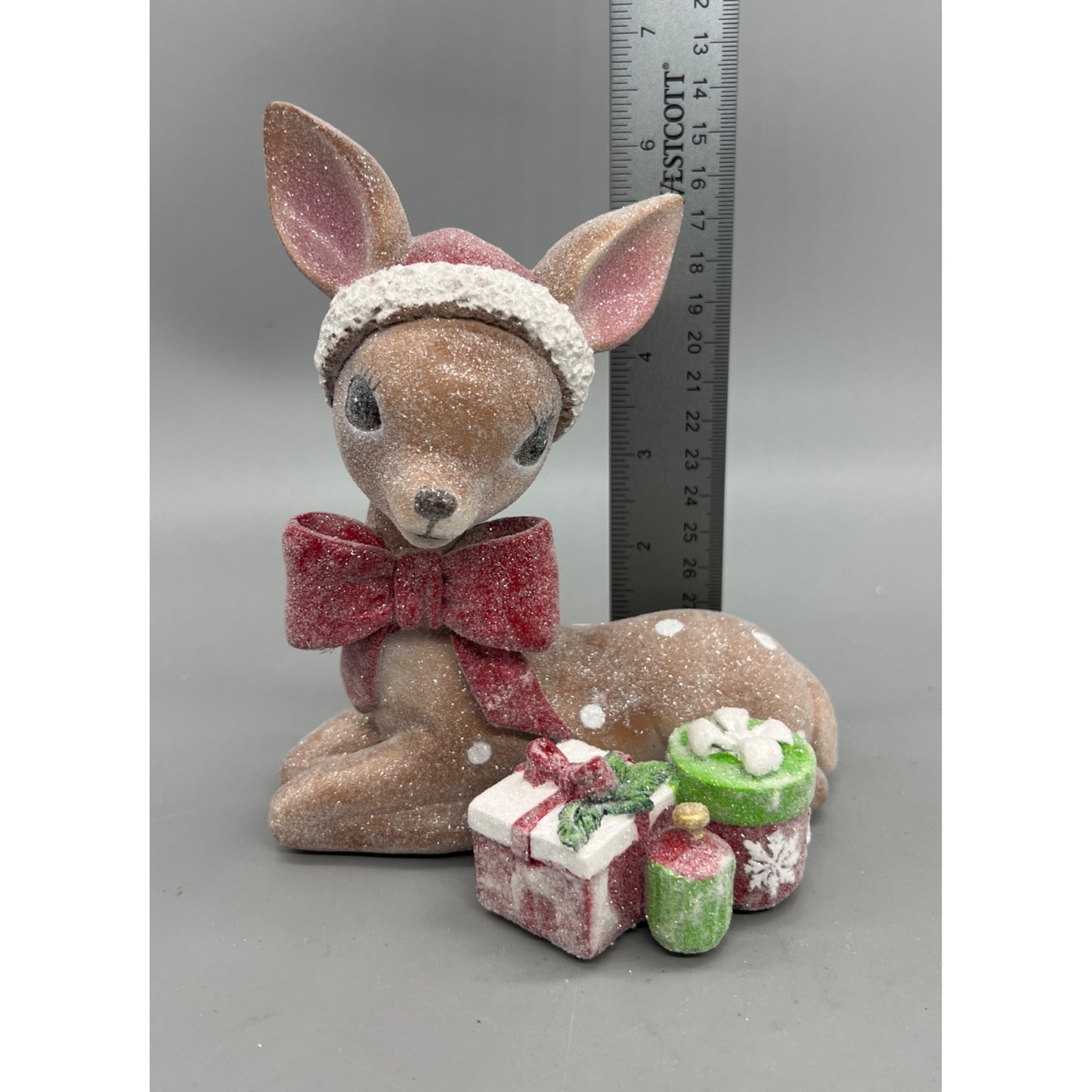 Vintage-Style 6.5” Christmas Deer Figurine With Santa Hat & Gifts
