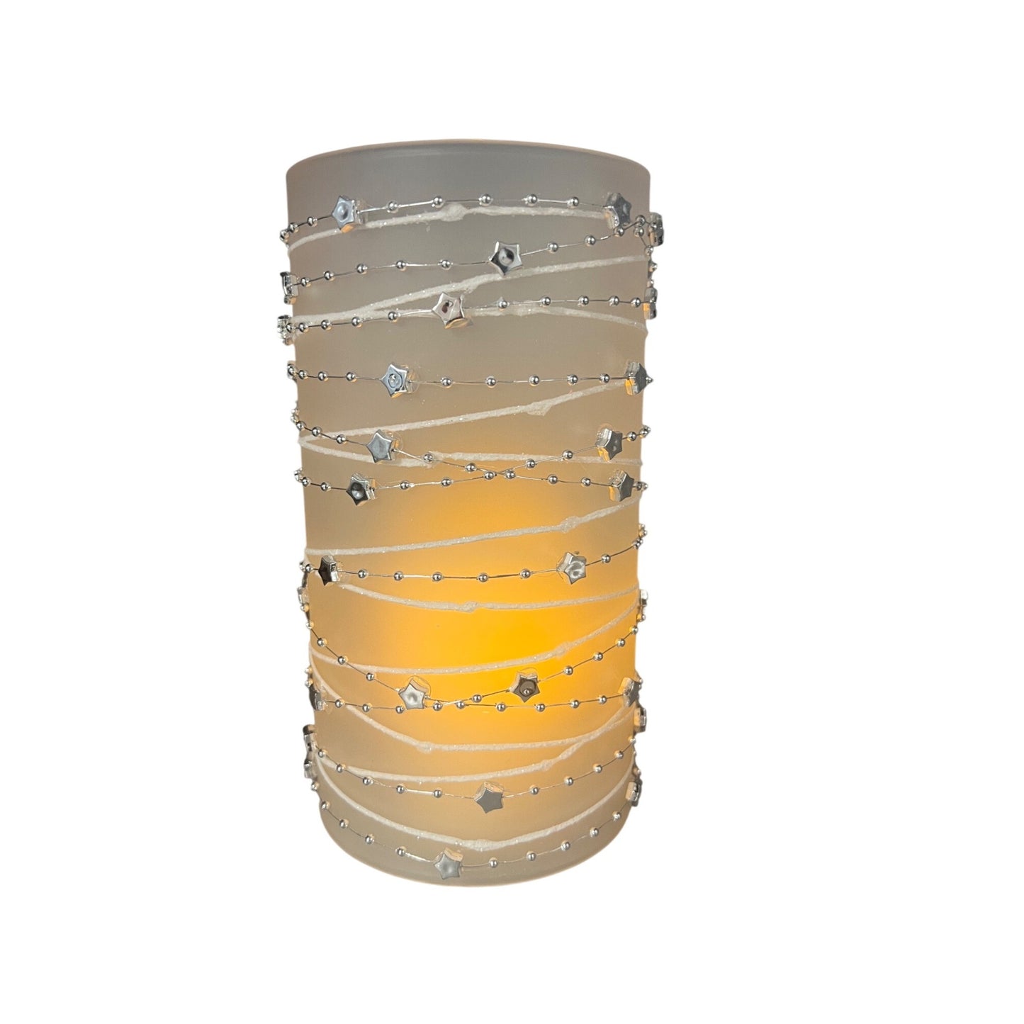 Frosted Glass Candle Sleeve With Silver Star & Bead Garland Design 8" Tall Elegant Decor