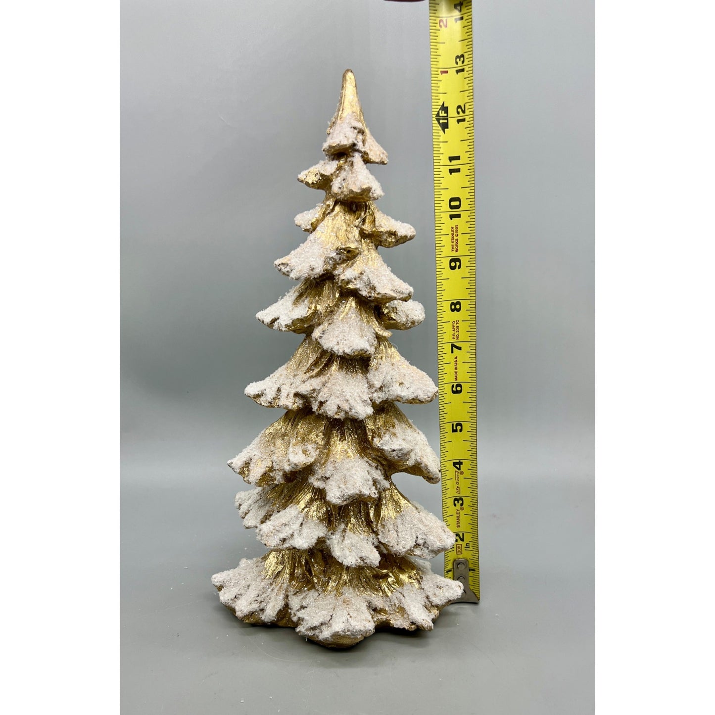 Gold & White Glitter Snowy Christmas Tree Figurine 13.25" Tall Decorative Holiday Accent
