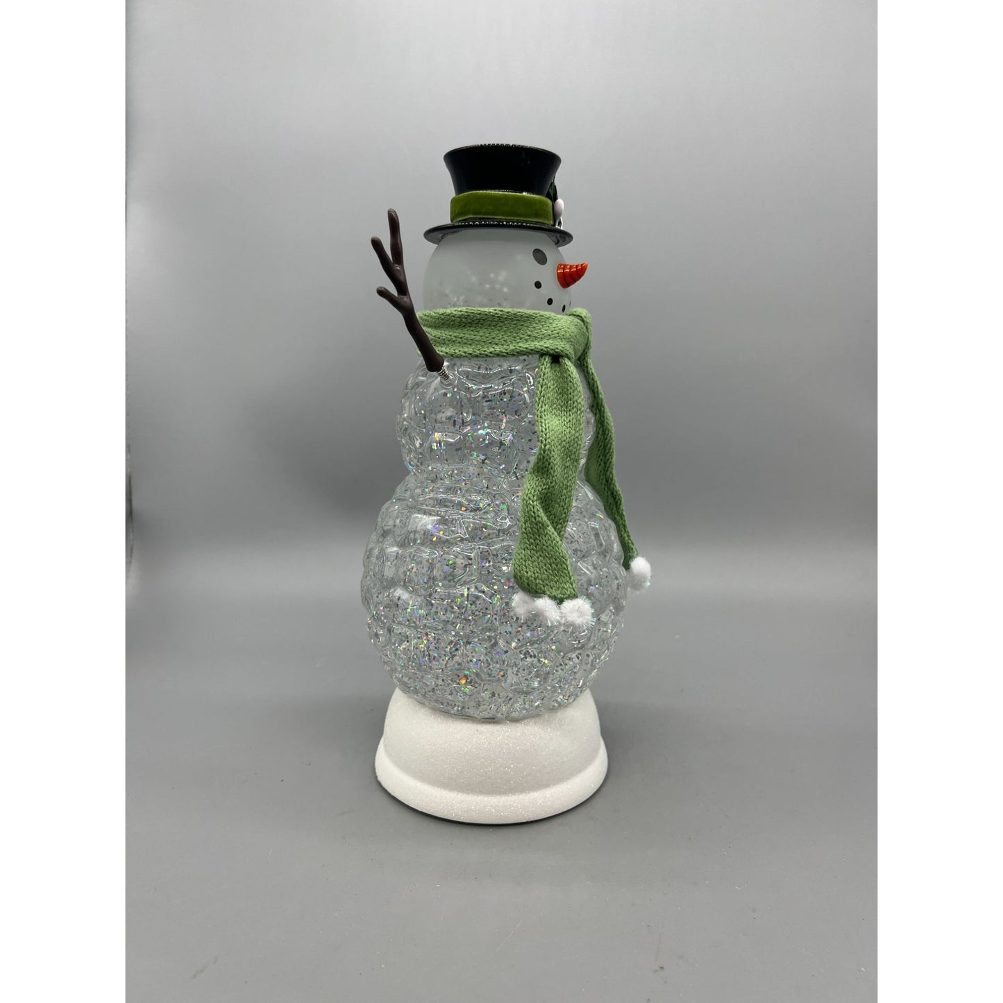 Light-Up Snowman Glitter Globe Decor With Green Scarf Top Hat & Timer Battery Or USB Powered 11" Tall