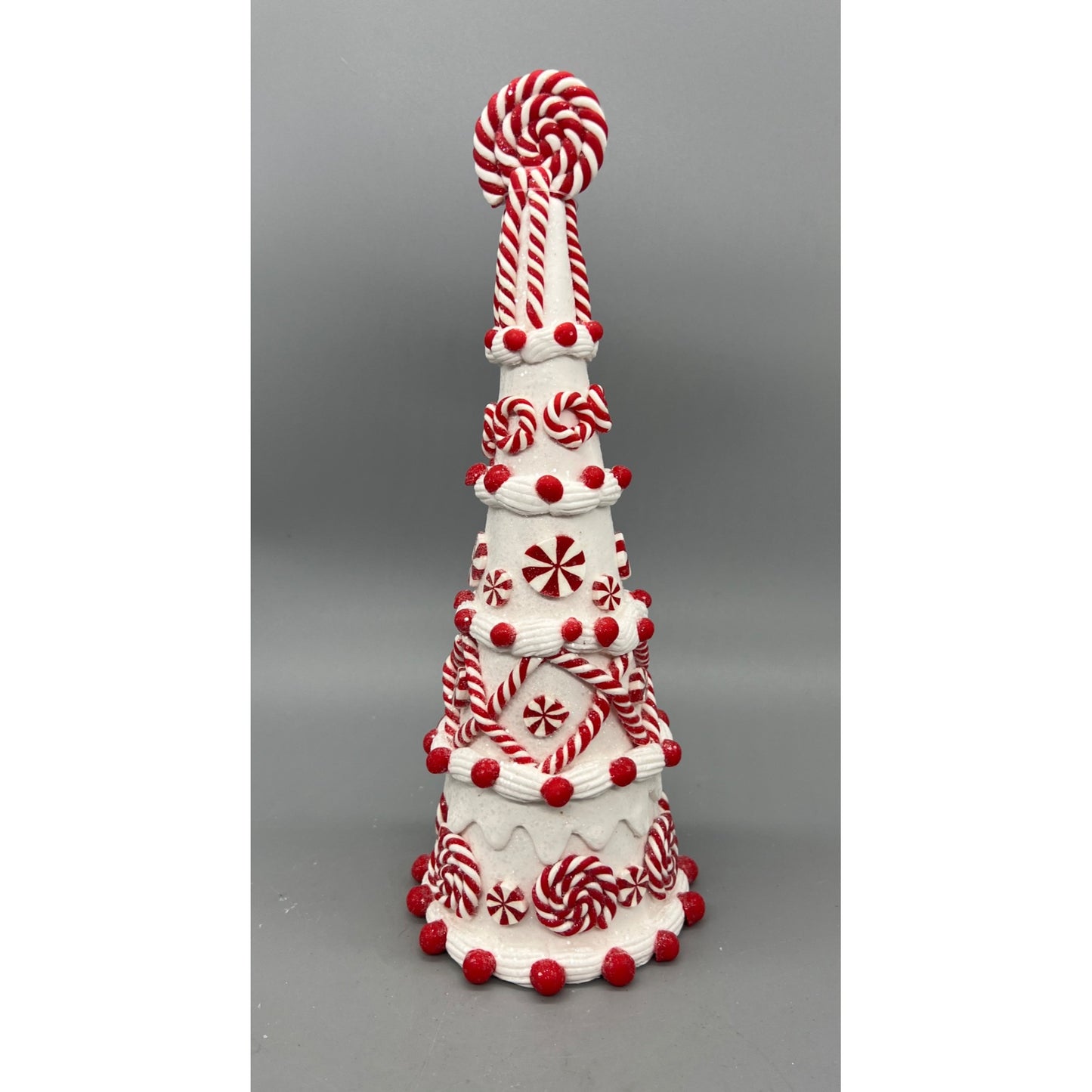 Hand Decorated Candy Cane-Inspired Glitter Christmas Tree Decoration 10.75" With Peppermint Swirl Topper