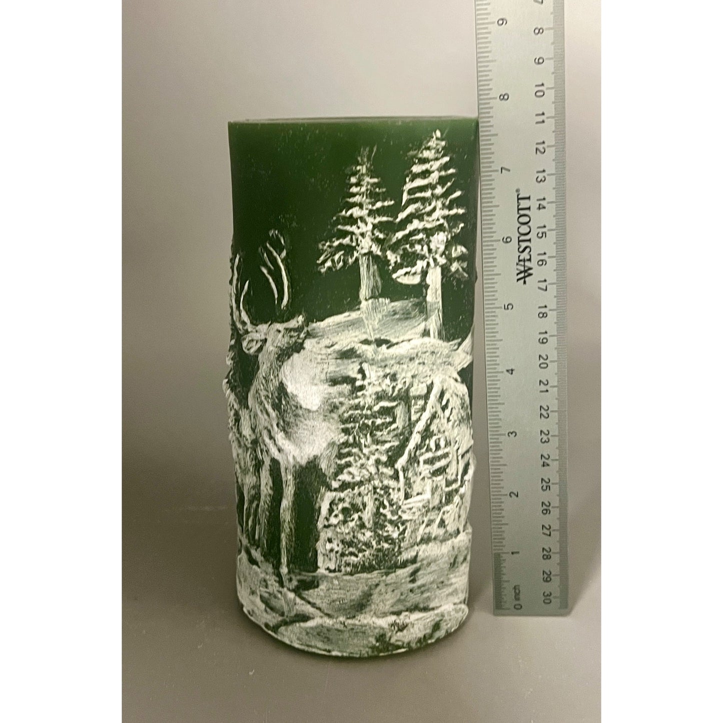 Green 8" Carved Deer & House Scene Fountain Candle