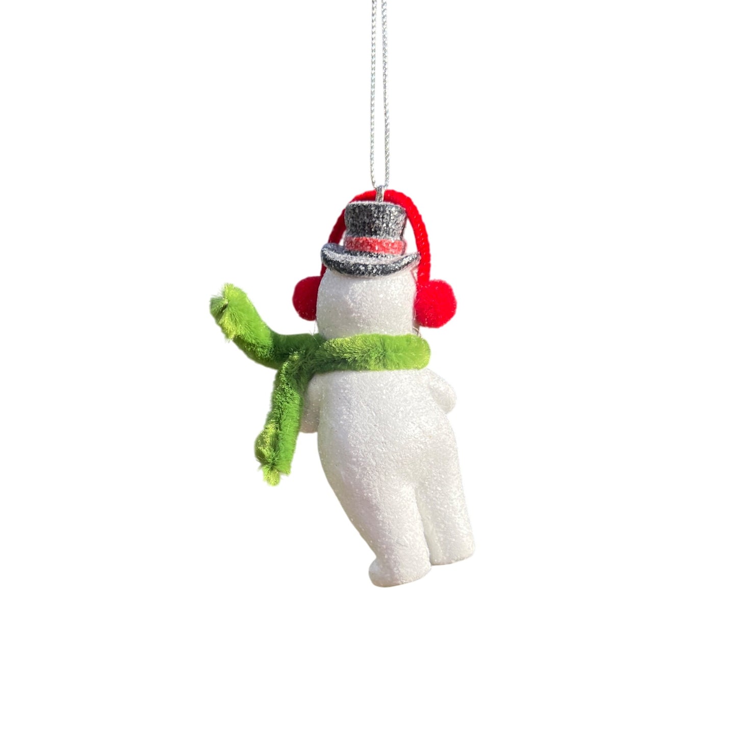 Retro Snowman Christmas Ornament With Green Scarf Red Earmuffs & Plaid Gift Glitter Finish Hanging Holiday Decor 3 Inches