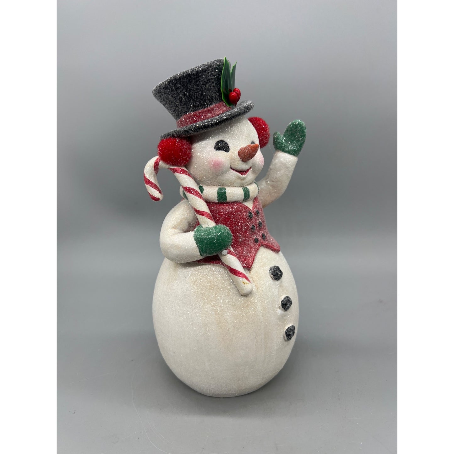 Retro Snowman Figurine With Candy Cane & Top Hat 9" Hand-Painted Holiday Decor