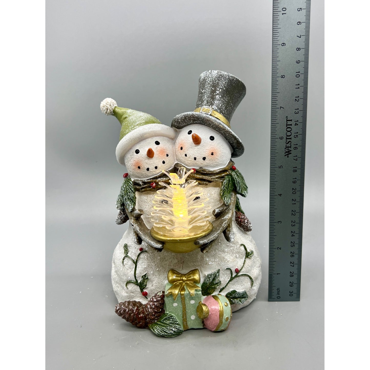 Hand-Painted Snowman Couple Figurine With LED Lighted Tree 8”