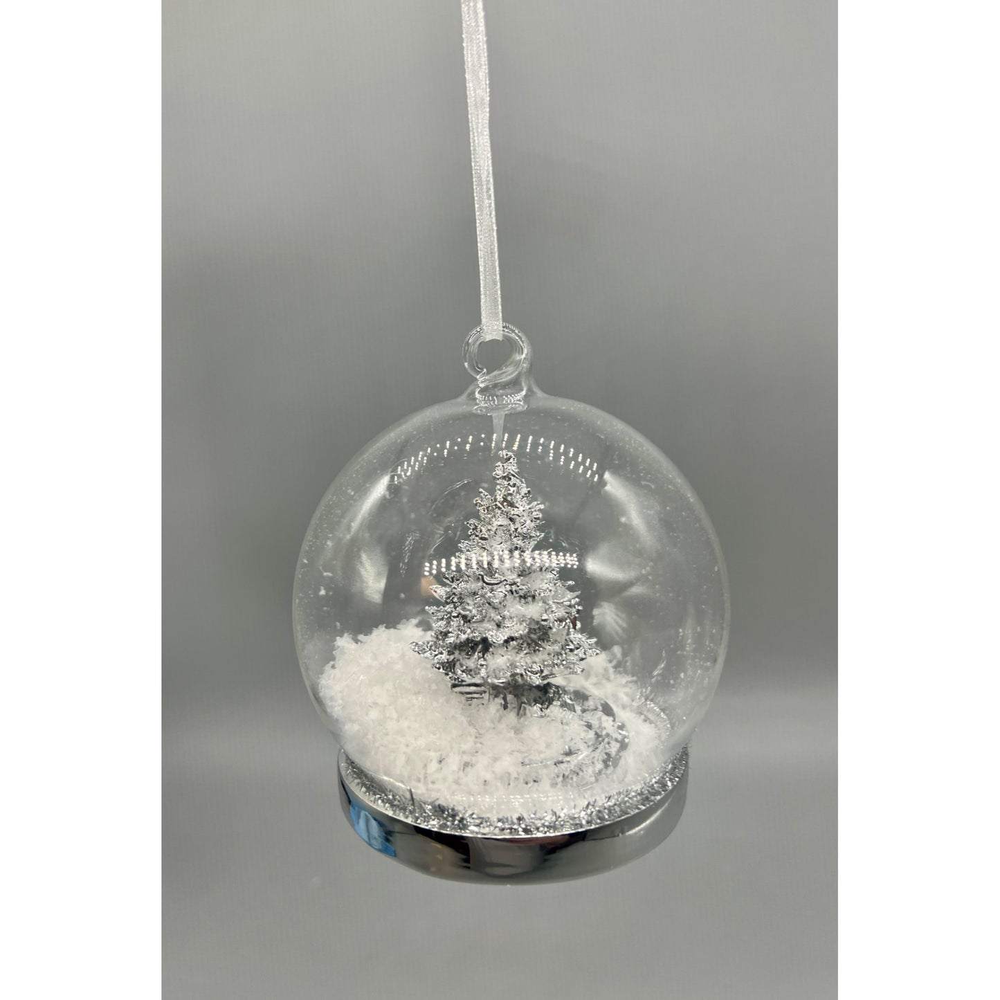 Silver Christmas Tree Ornament With Snow Globe Design - Glass Sphere & Ribbon Loop For Hanging