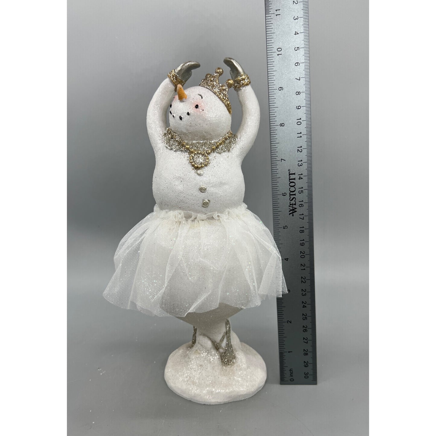 Handcrafted 10" Glitter Snow Lady Ballerina Figurine With Tulle Skirt & Gold Accents