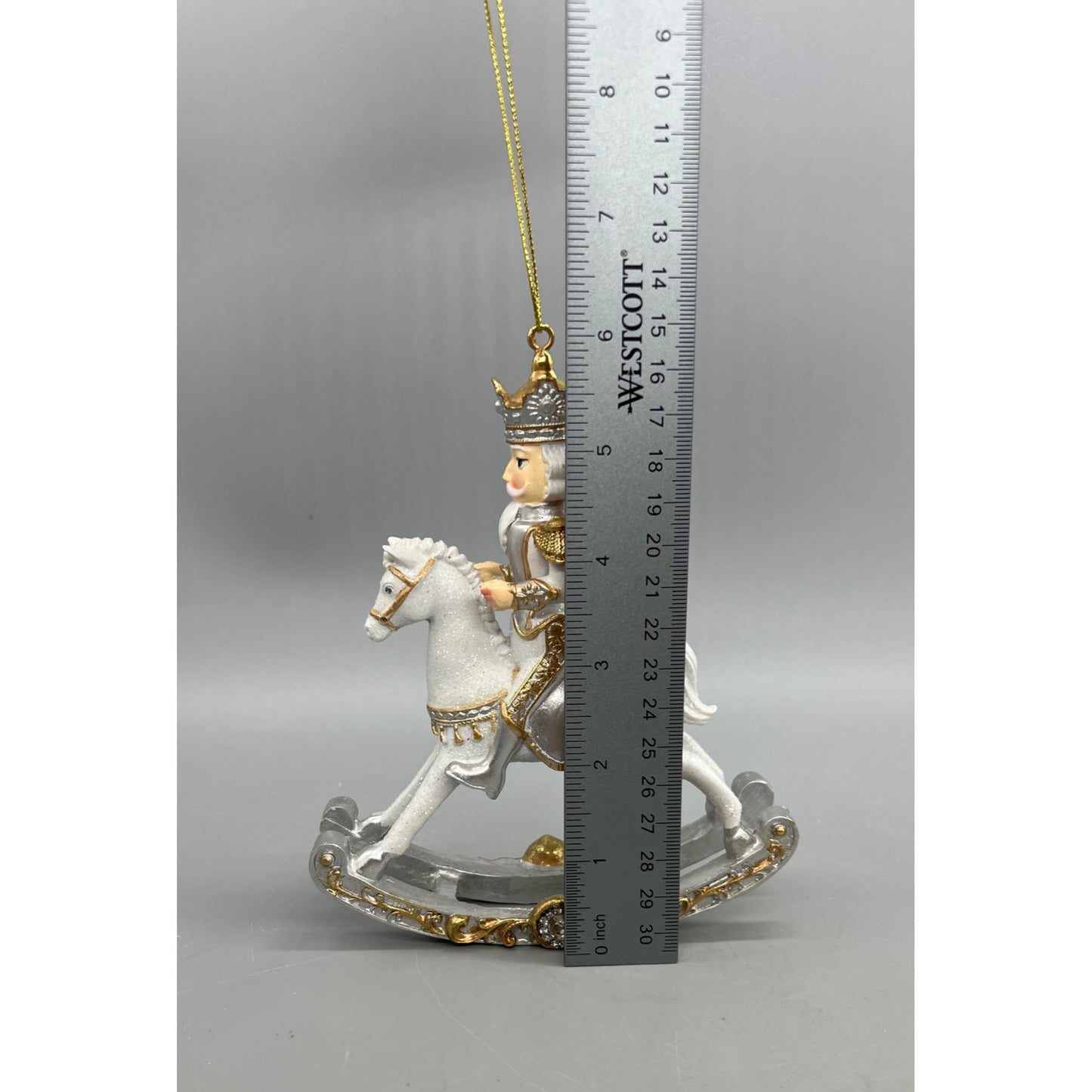 Royal White & Gold Rocking Horse Christmas Ornament Hand-Decorated Resin 7"x4" Hanging Decoration With Glitter & Crown Detail