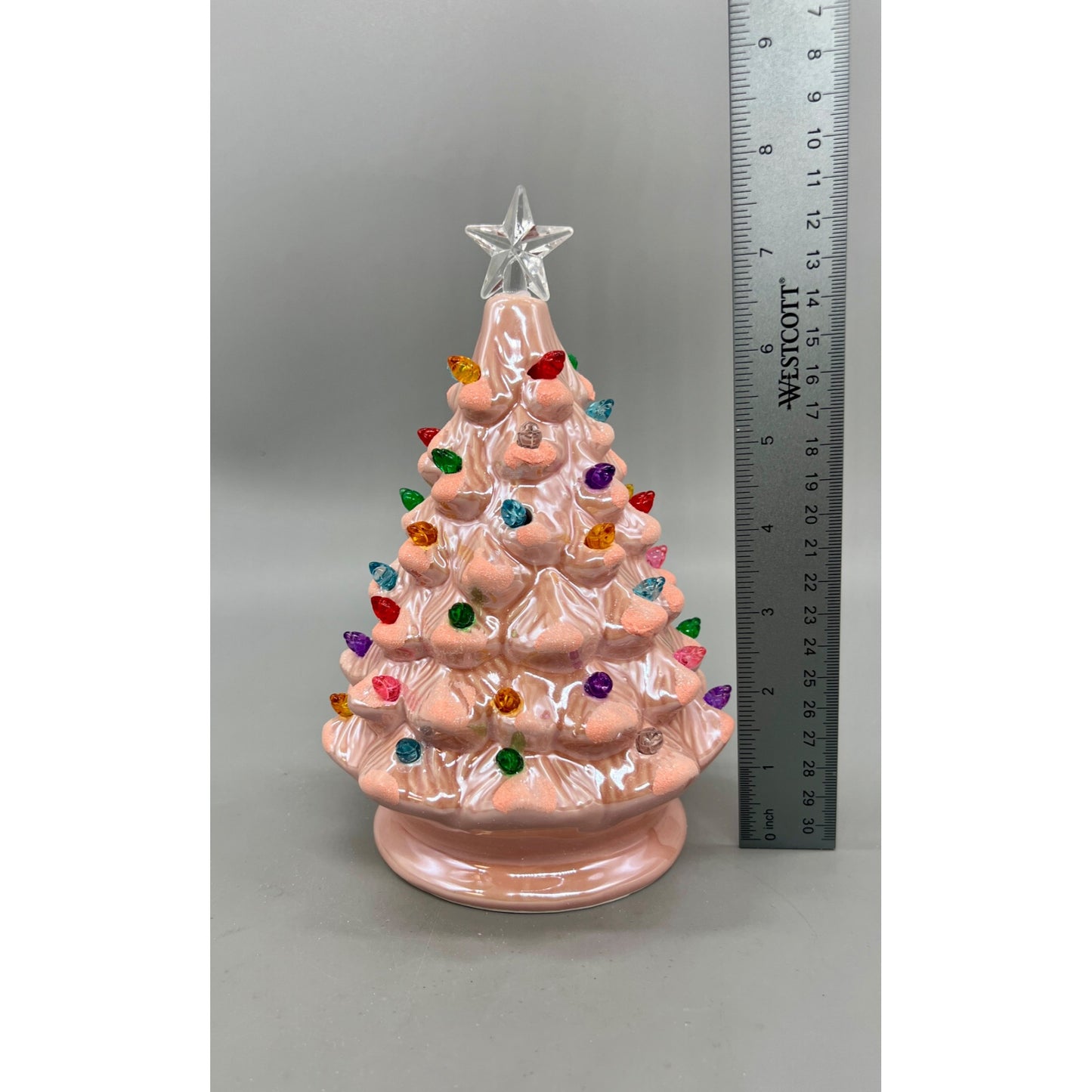 Pink Ceramic Retro Lighted Christmas Tree With Multicolor Lights & Clear Star Topper 8” Battery Operated Hand Decorated