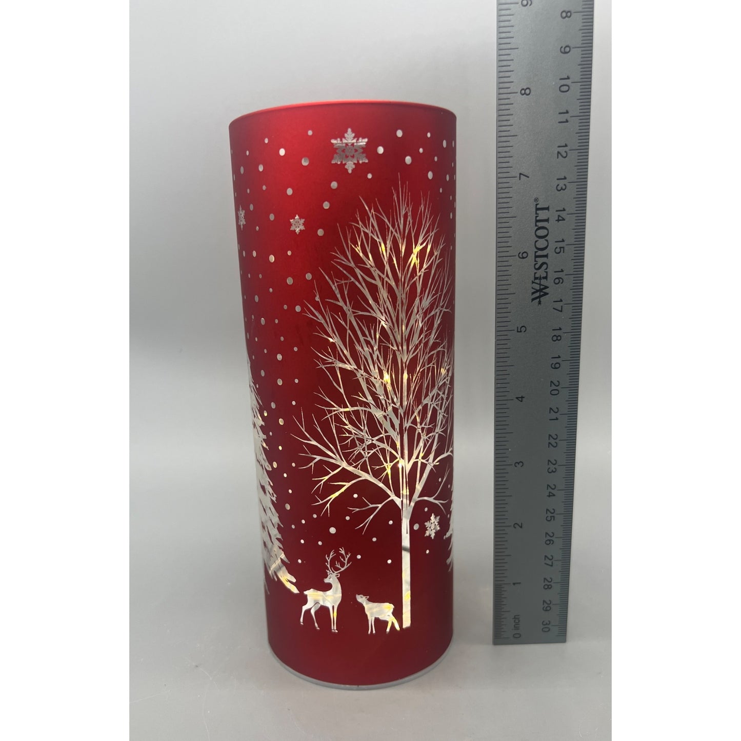 Red Laser Engraved Winter Scene LED Cylinder 8" With Deer & Trees Battery Operated Holiday Decor Accent Piece