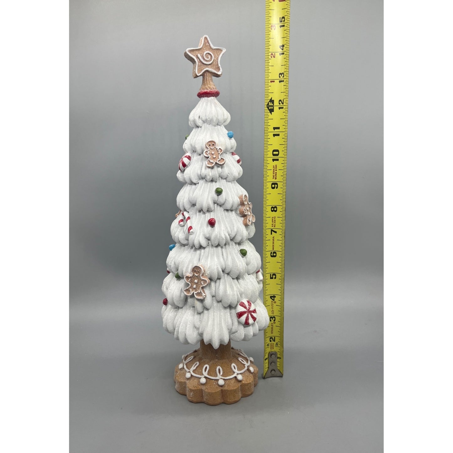 Gingerbread-Themed White Christmas Tree Decoration With Peppermint Accents & Star Topper - 15" Tall