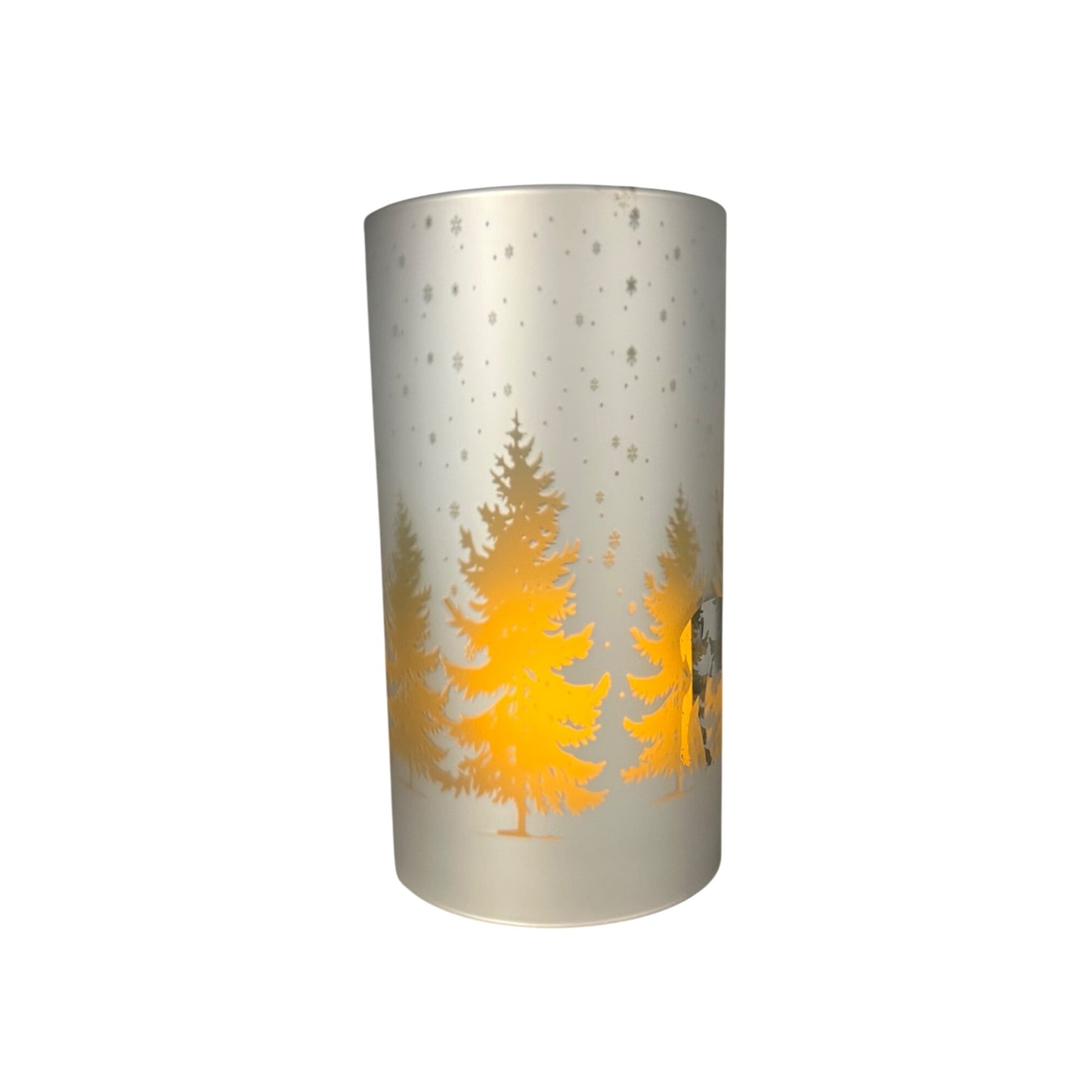 Frosted Glass Winter Scene Deer Candle Sleeve 7.75" White & Green Snowy Forest Design Home Décor