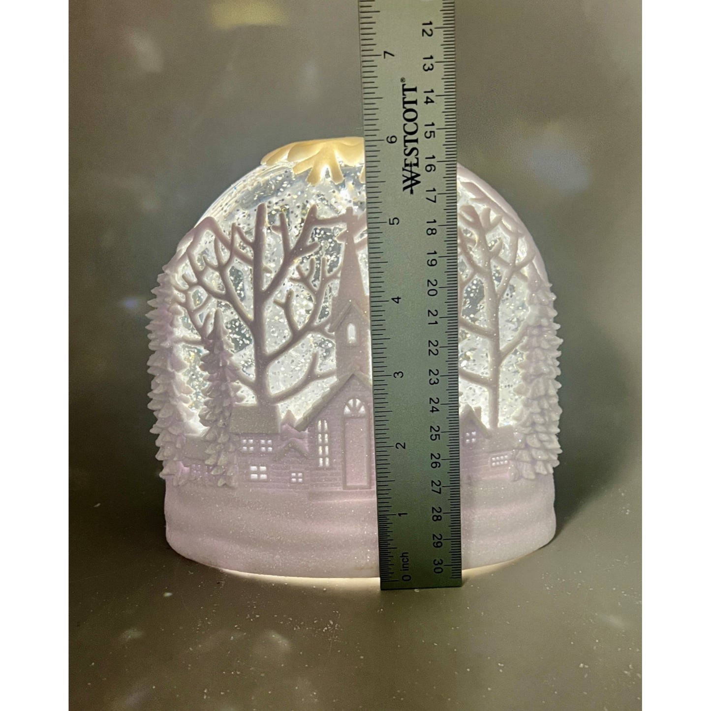 White LED Oval Acrylic Church Scene Water Spinning Snow Globe With Timer