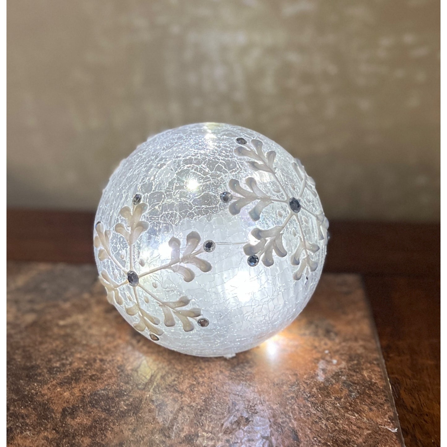Crackle Glass Globe With LED Lights & Acrylic Snowflakes 5.5" Elegant Holiday Decor