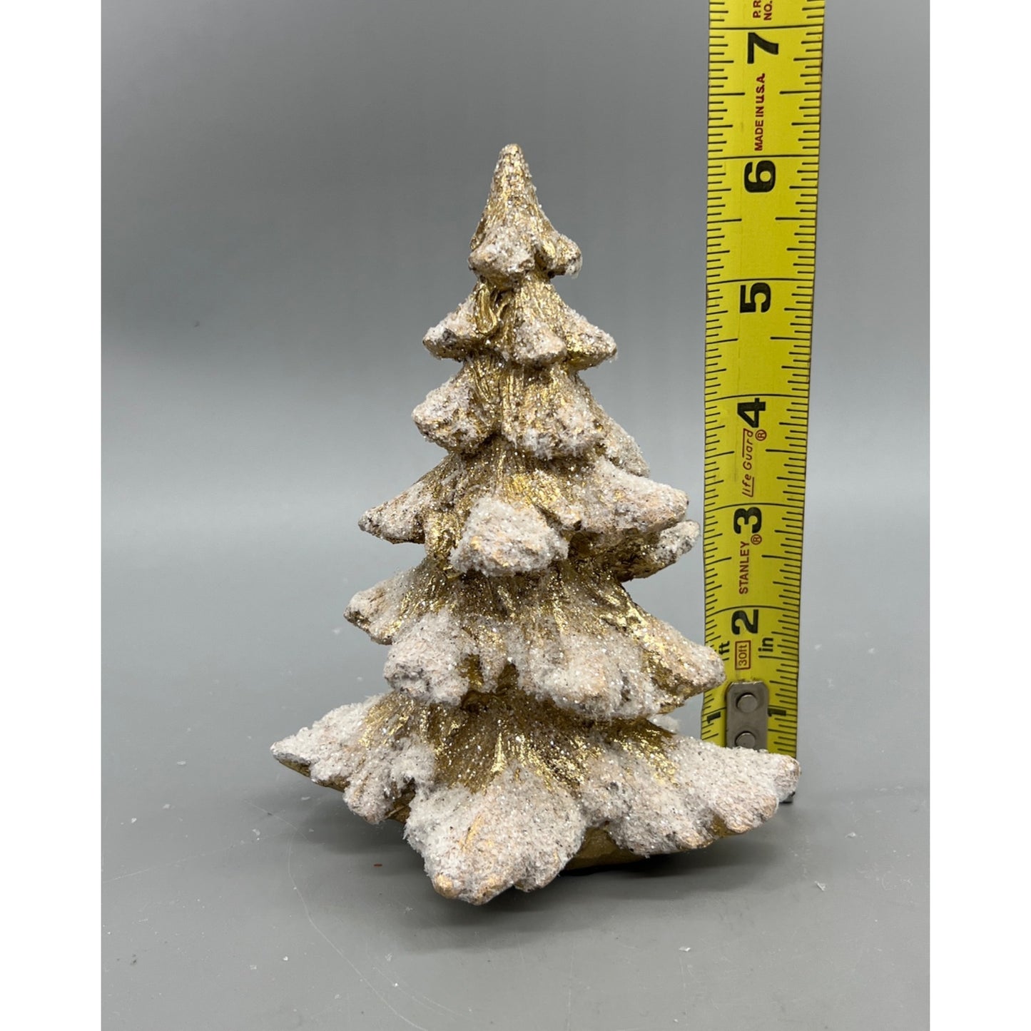 Glittery Gold & White Snow-Dusted Decorative Christmas Tree Figurine - 6.25” Tall