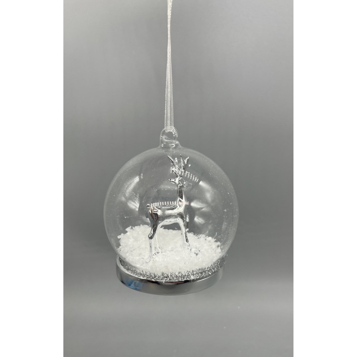 Silver Deer In Glass Ornament With Snow And Ribbon Hanger - Elegant Holiday Decoration