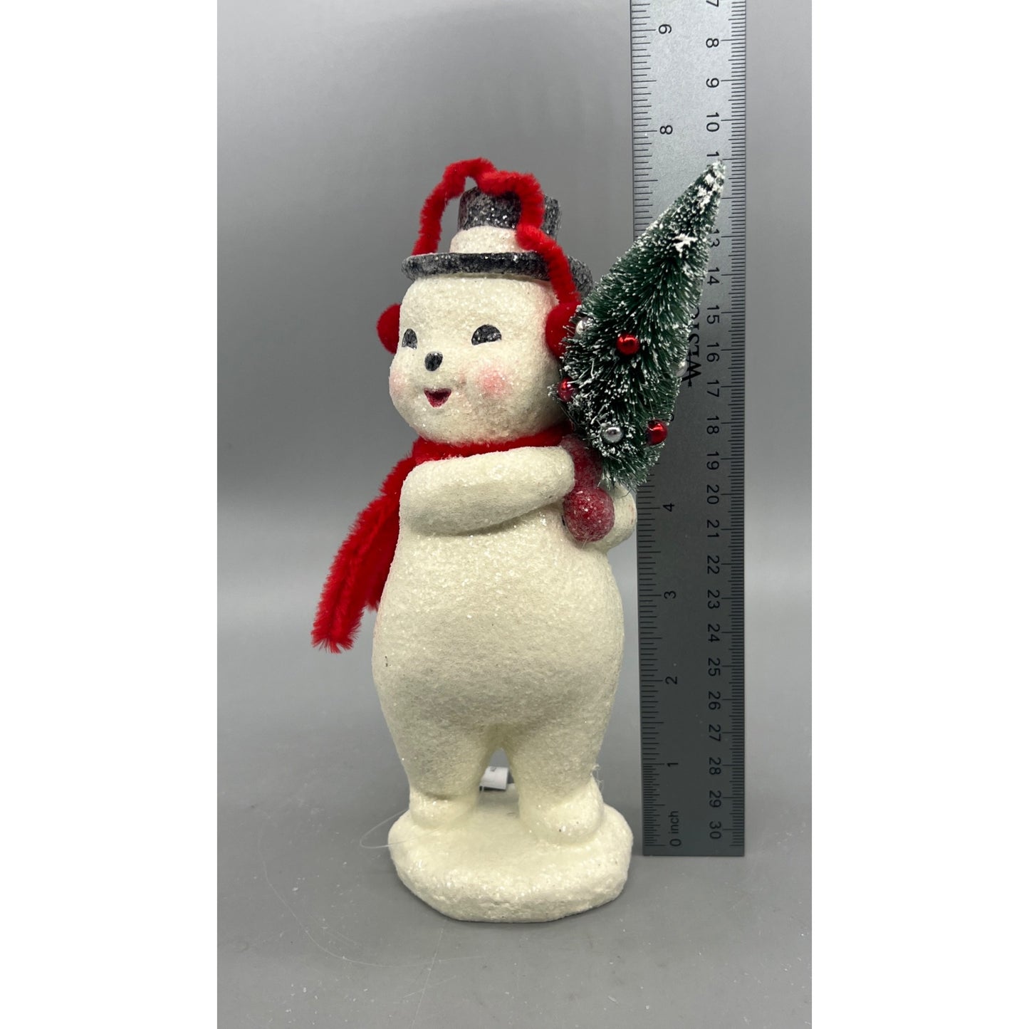 Glittered Snowman Figurine With Red Earmuffs Scarf & Christmas Tree Decoration