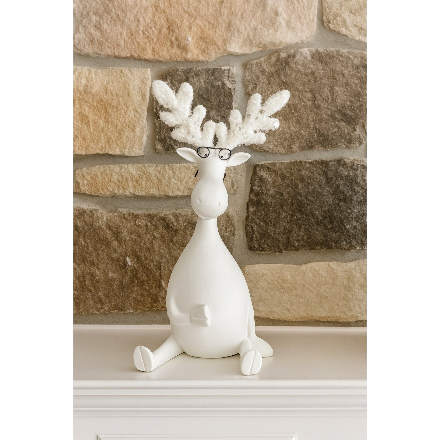 White Moose Figurine With Glasses & Sparkly Antlers - 10" Hand Decorated Sculpture