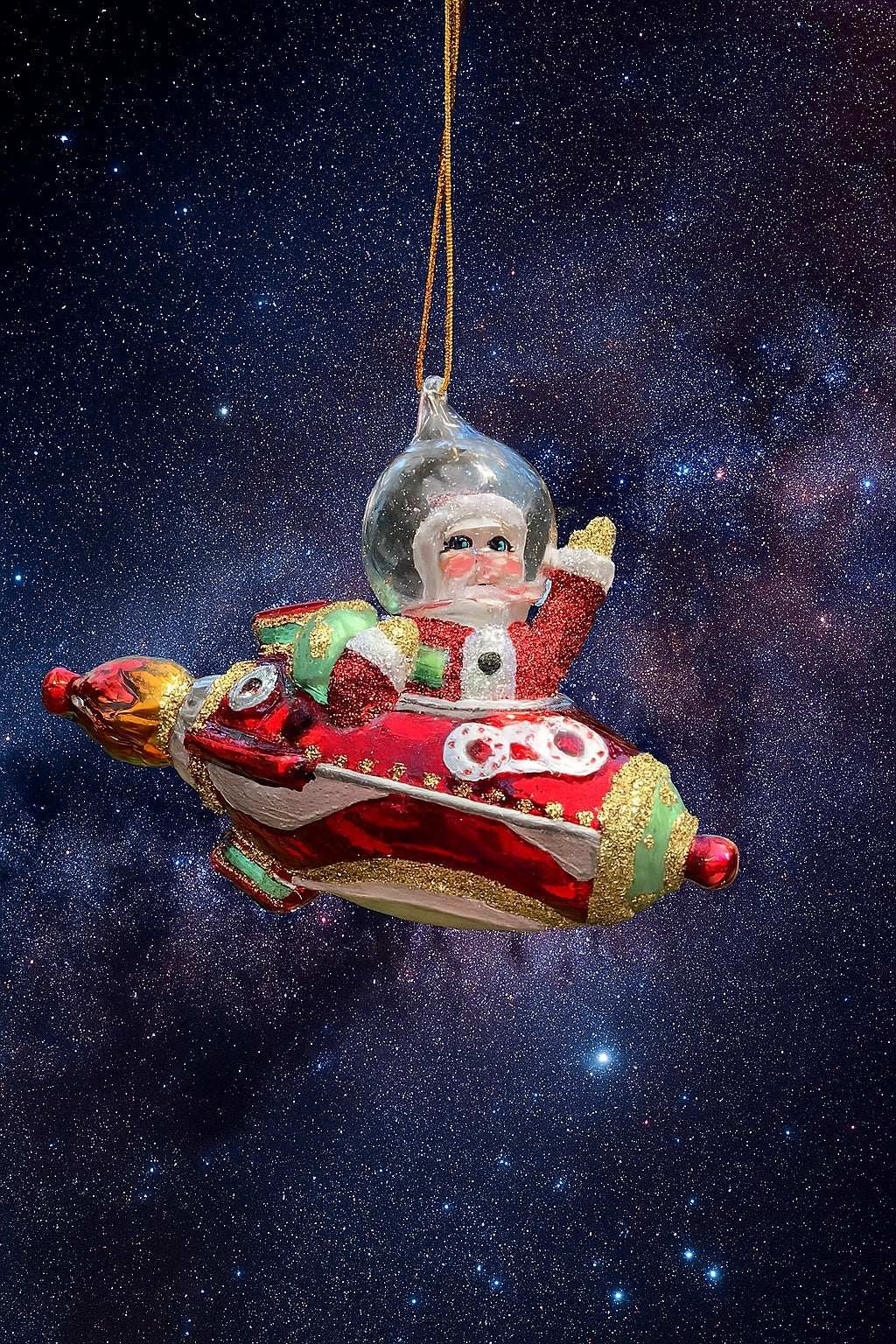 Kurt Adler Noble Gems Santa In Rocketship Glass Ornament NB1784