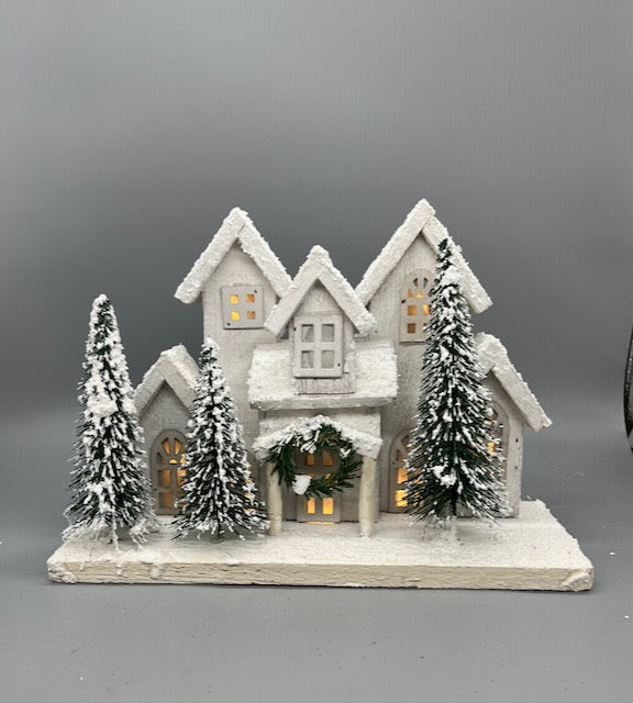 Light Up White Christmas House with Wreath and Snowy Trees – Holiday Tabletop Decor