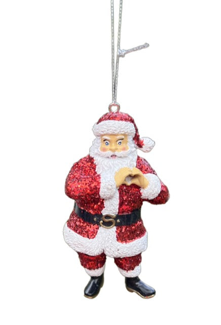 Kurt Adler Santa Ornament – Glitter Red Suit with Heart Hands T3722