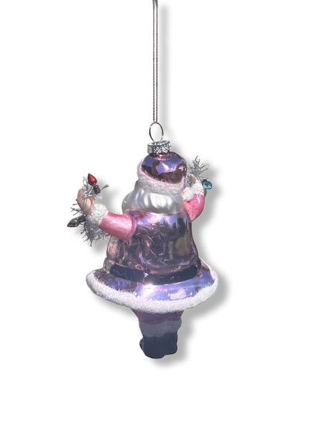 5" Pink Santa Glass Ornament Holding Tinsel and Lights