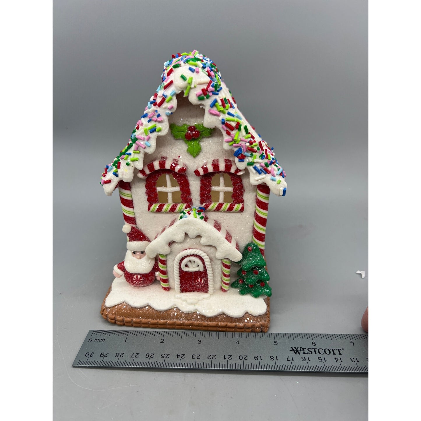 White Gingerbread House Decoration 7" Festive Christmas Decor W/ Santa Tree & Sprinkles