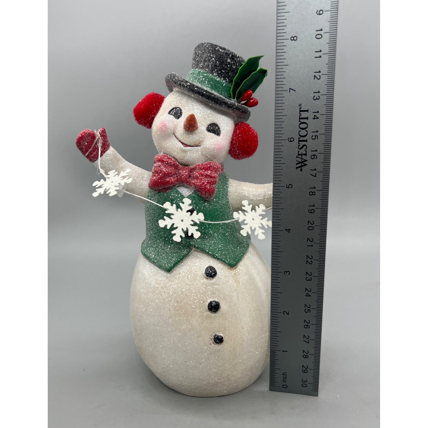 Retro Snowman Figurine 9" With Garland Glitter Accents Red Green White Holiday Decor