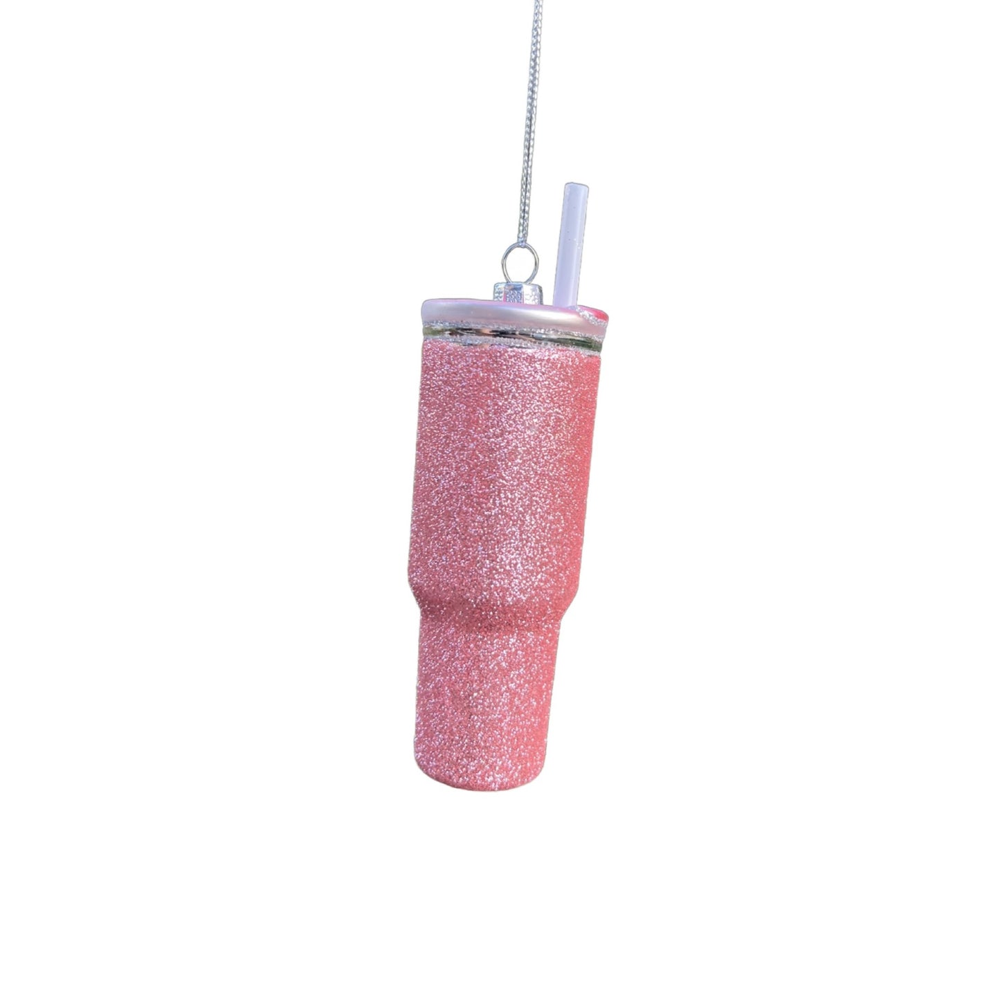 Glittery Blush Pink Travel Mug Ornament With Straw & Lid