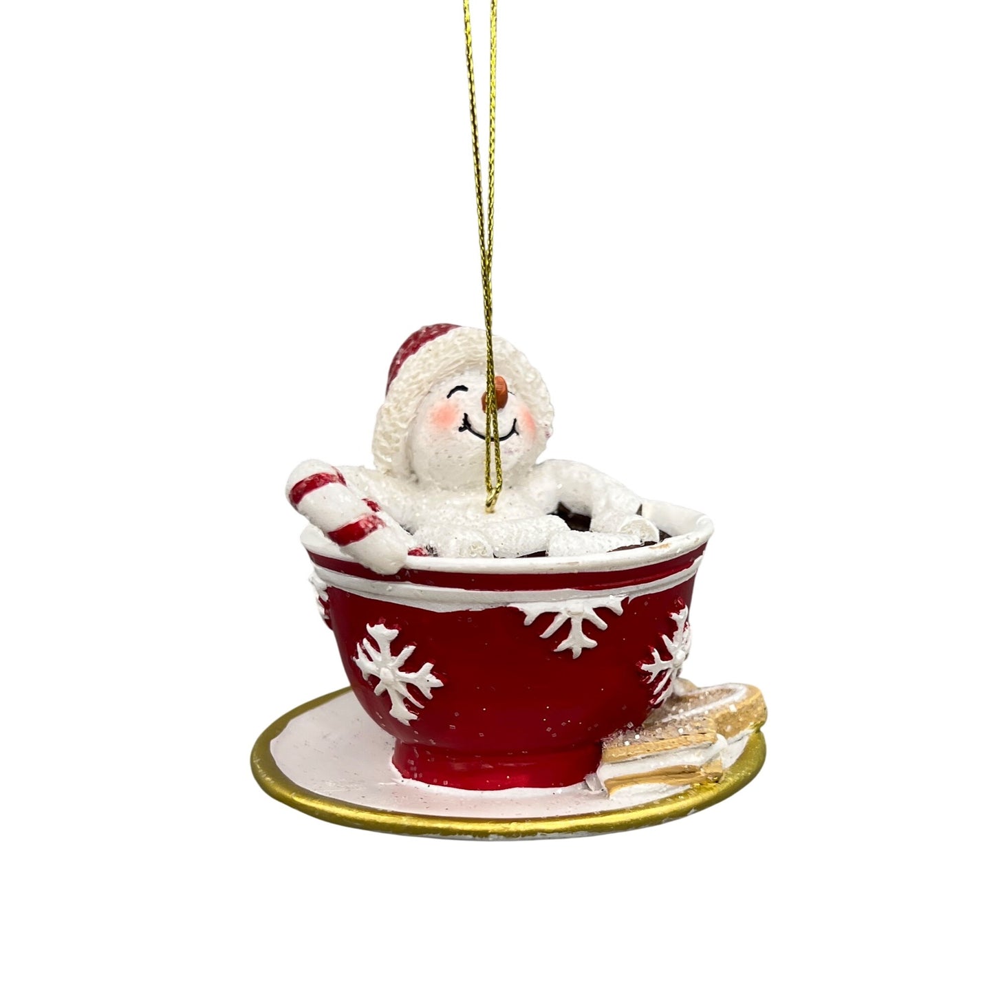 Snowman Hot Cocoa Ornament In Red Teacup With Candy Cane & Snowflake Design 3.5" Hanging Decoration