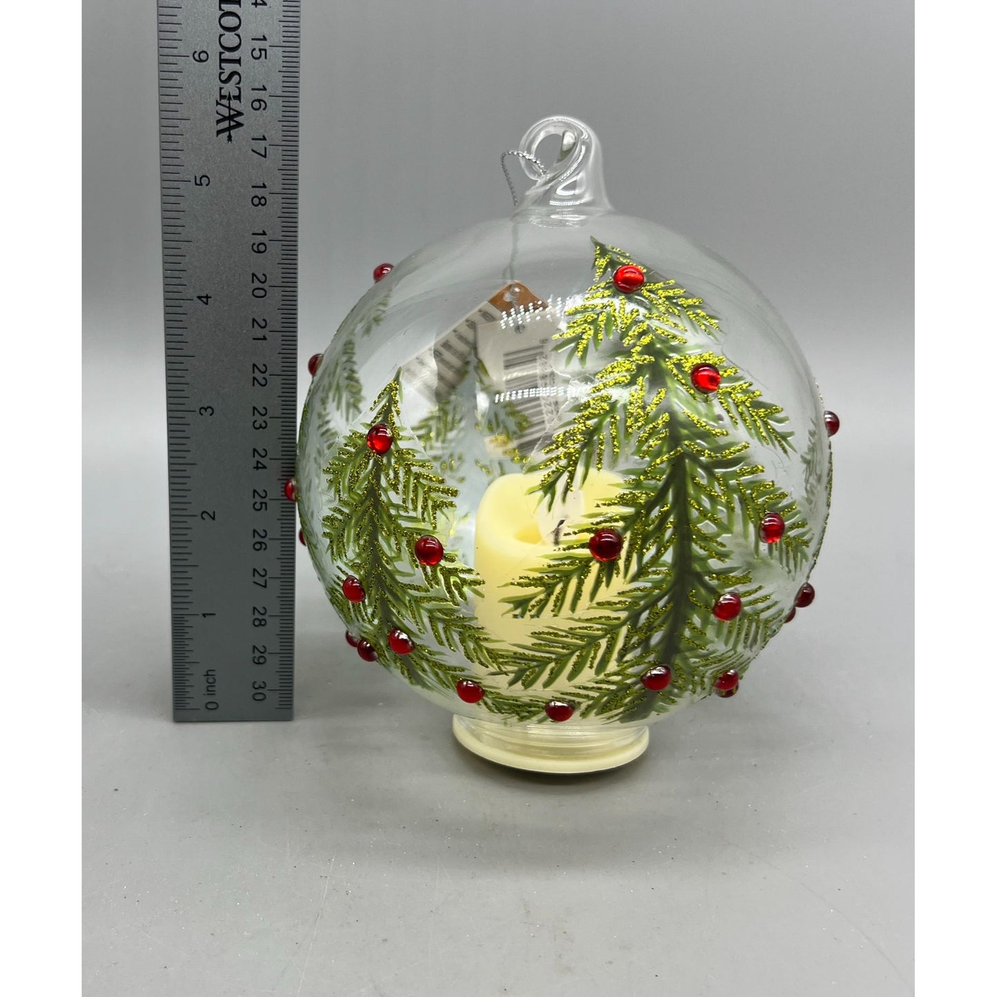 Hand Decorated Glass Christmas Ornament With LED Flicker Candle 4.75" Tree & Rhinestone Design