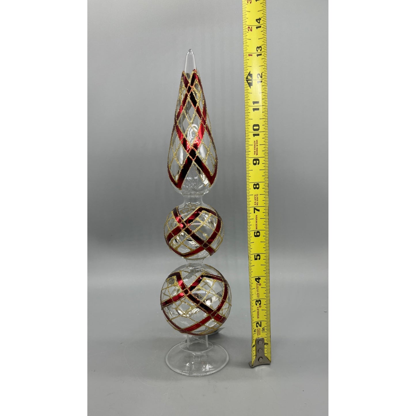 14 Inch Clear Glass Two Ball Finial W/Burgundy & Gold Accents