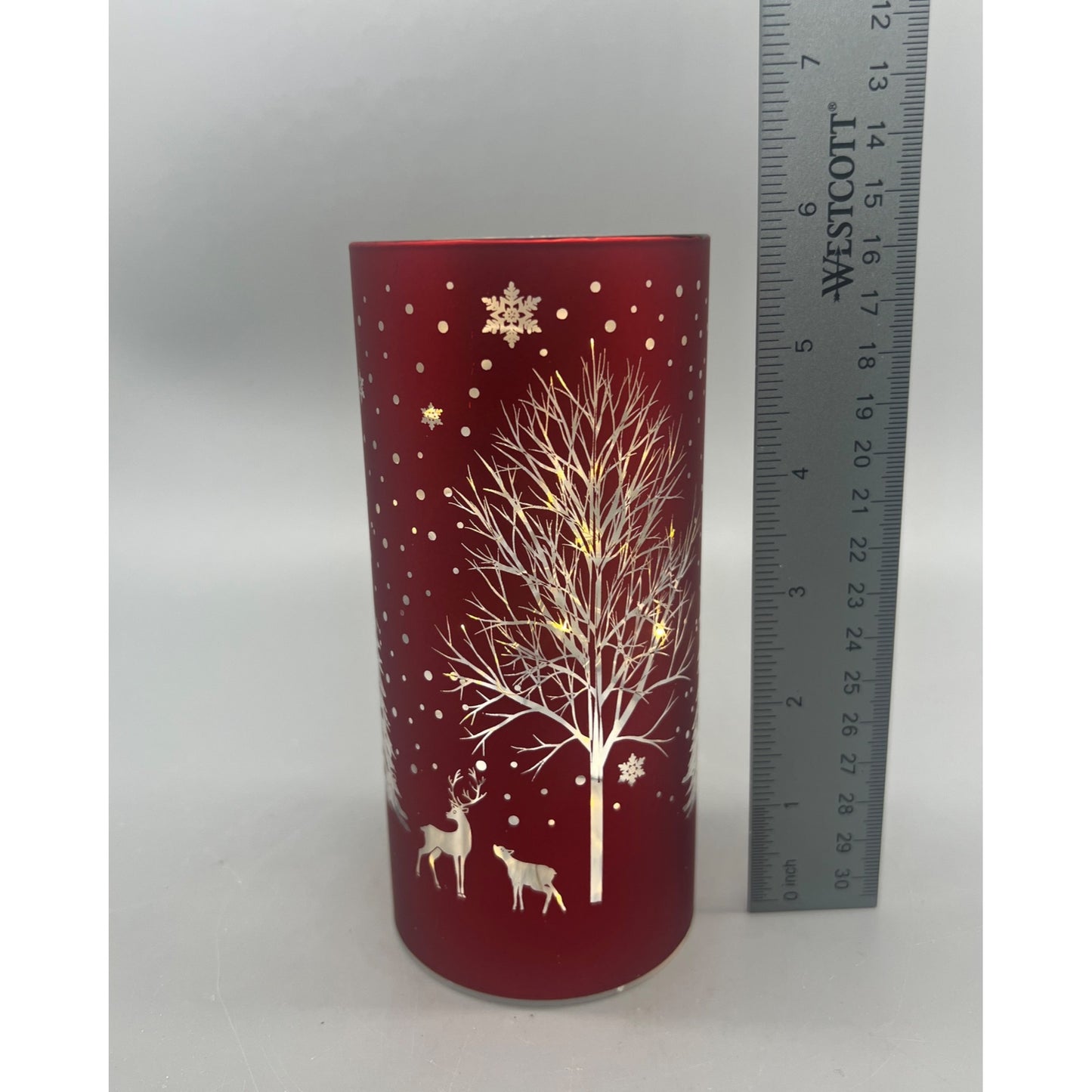 Red Laser Engraved Winter Scene LED Cylinder With Deer & Snowflakes Design 6" Tall