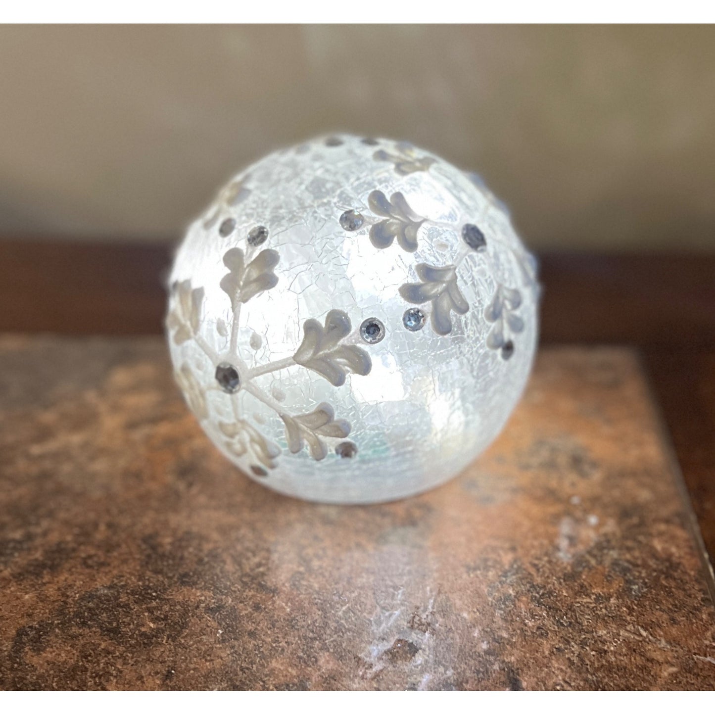 Snowflake Glass LED Tabletop Light Globe With Crackle Finish & Acrylic Details 4.5" Diameter