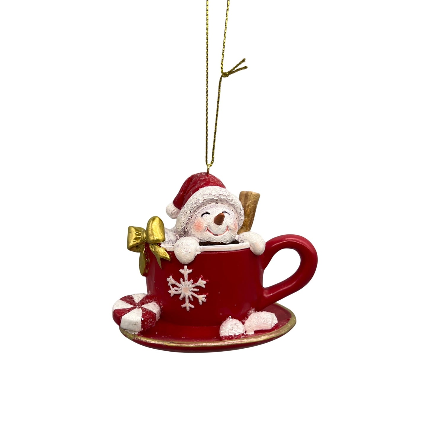 Snowman Teacup Ornament With Gold Accents & Cinnamon Stick 3.5” Red White Christmas Decor Giftable Holiday Charm