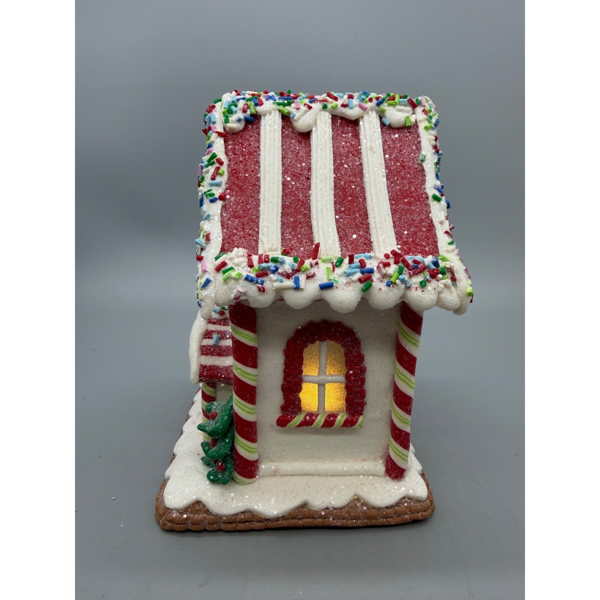 6.5” Hand Decorated Lighted Gingerbread House with Santa & Christmas Tree Holiday Figurine Décor