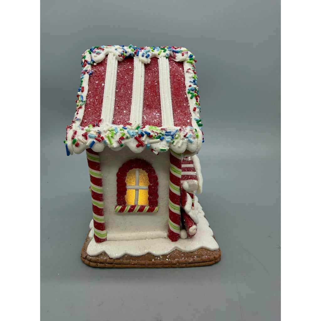 6.5” Hand Decorated Lighted Gingerbread House with Santa & Christmas Tree Holiday Figurine Décor