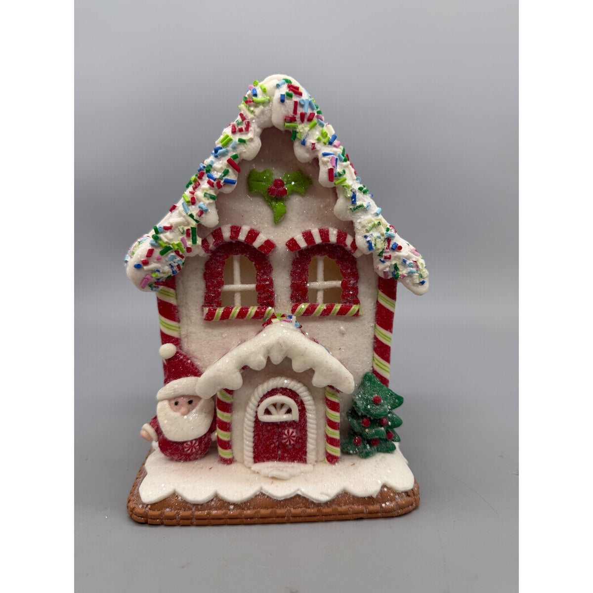 6.5” Hand Decorated Lighted Gingerbread House with Santa & Christmas Tree Holiday Figurine Décor