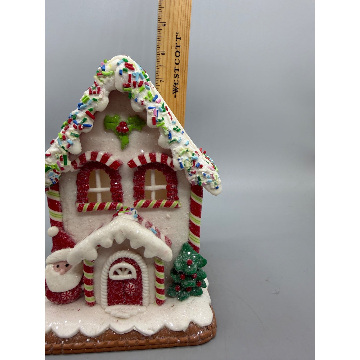 6.5” Hand Decorated Lighted Gingerbread House with Santa & Christmas Tree Holiday Figurine Décor