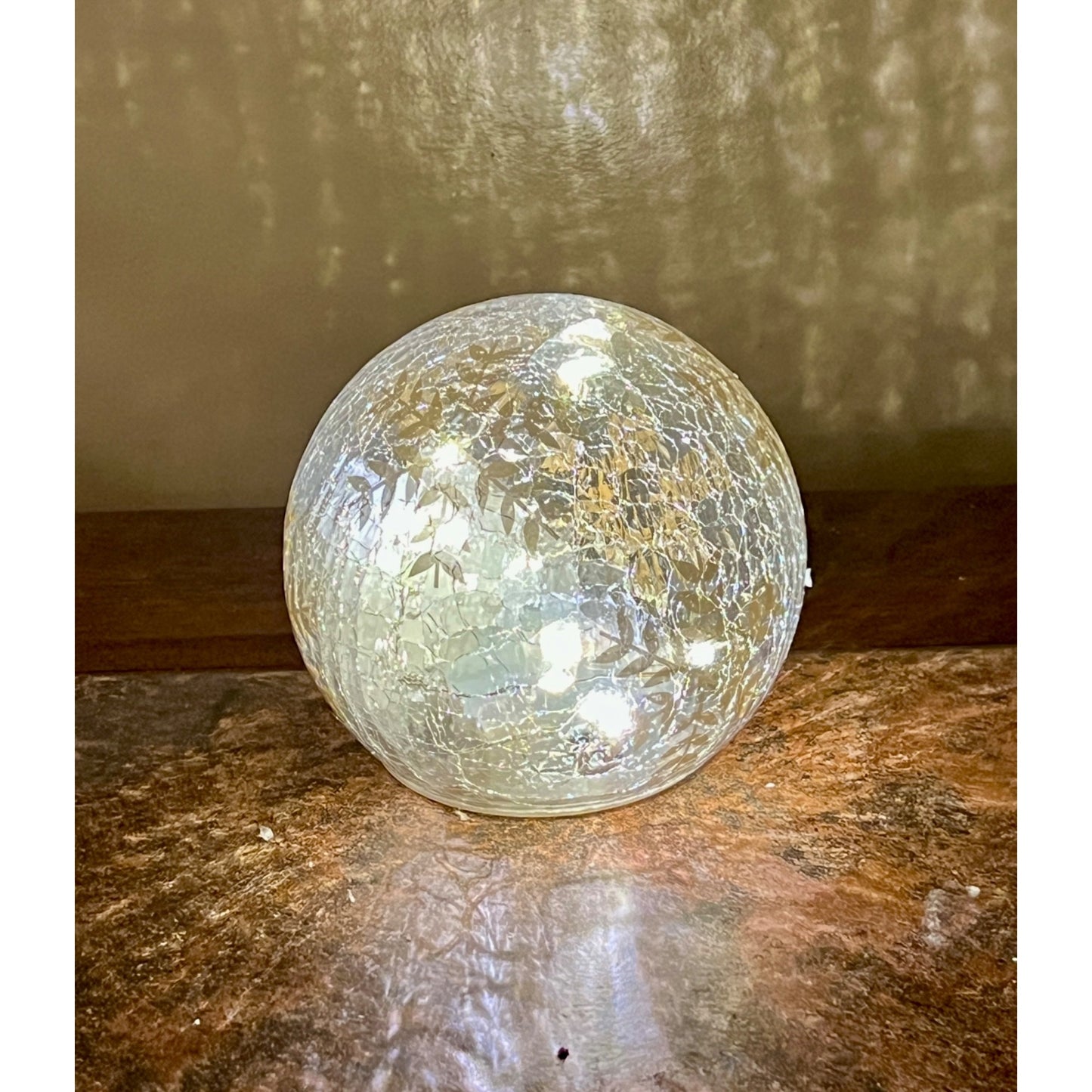 Hand Painted Crackle Glass Globe With Gold Snowflakes & LED Lights 4.5” Decorative Accent Piece