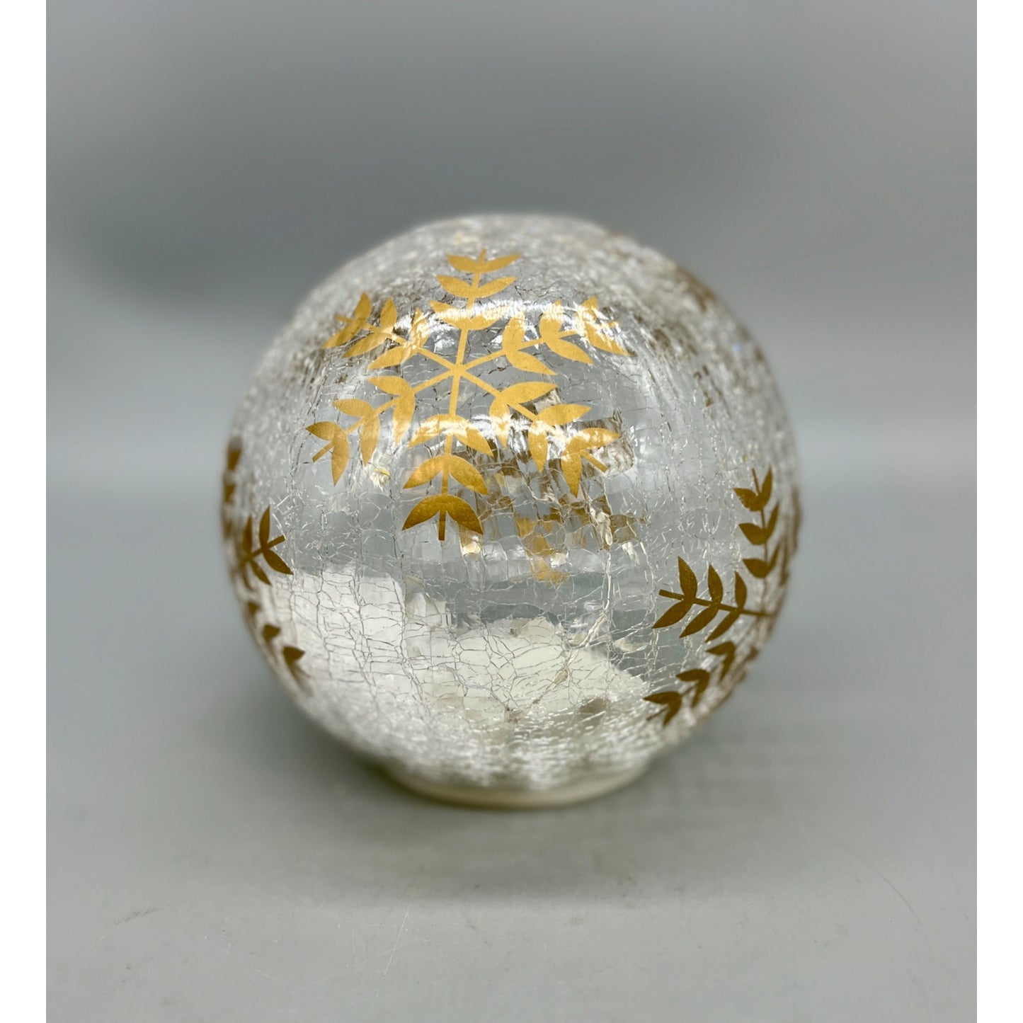 Hand Painted 5.5" Crackle Glass Globe With Gold Snowflake Design & LED Lights Decoration