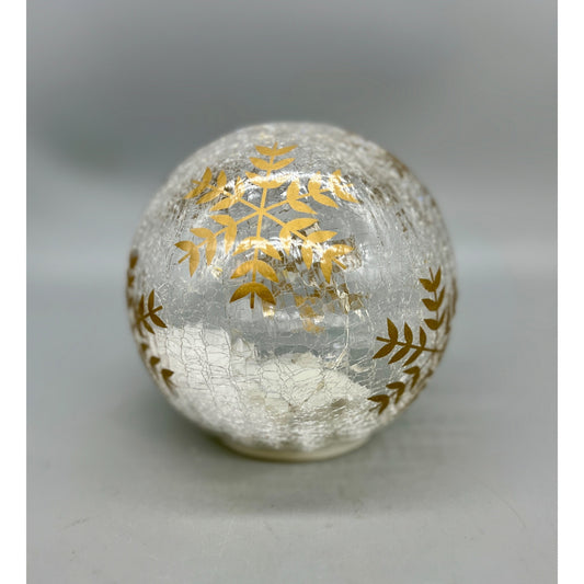 Hand Painted 5.5" Crackle Glass Globe With Gold Snowflake Design & LED Lights Decoration