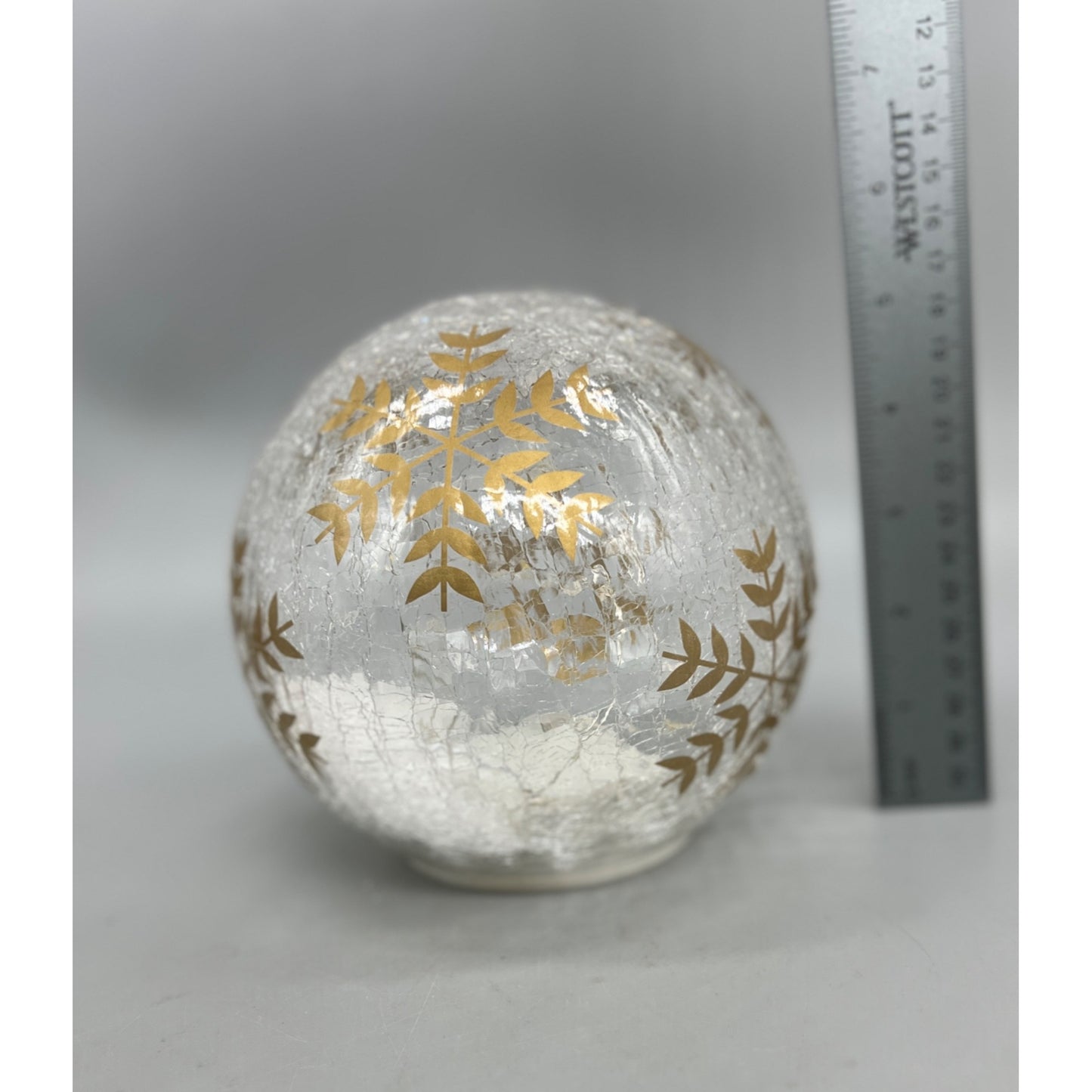Hand Painted 5.5" Crackle Glass Globe With Gold Snowflake Design & LED Lights Decoration