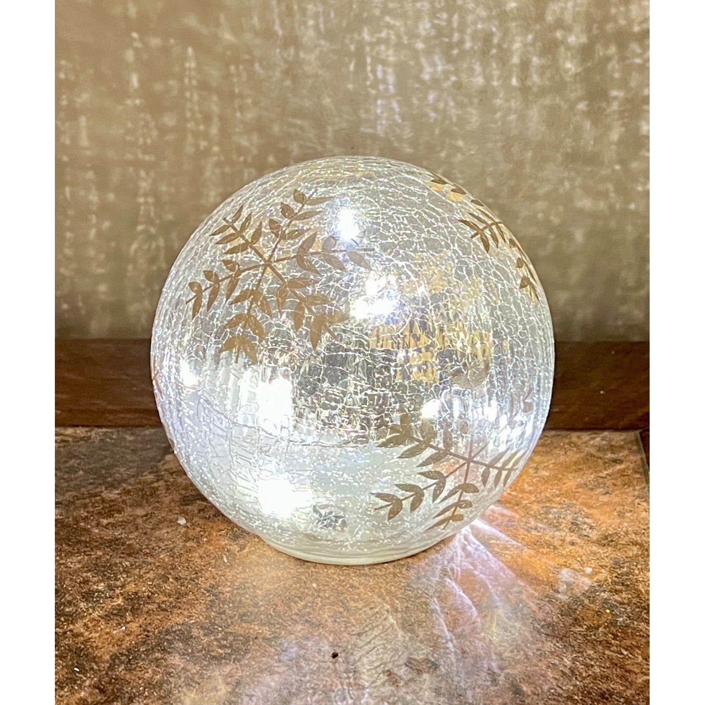 Hand Painted 5.5" Crackle Glass Globe With Gold Snowflake Design & LED Lights Decoration