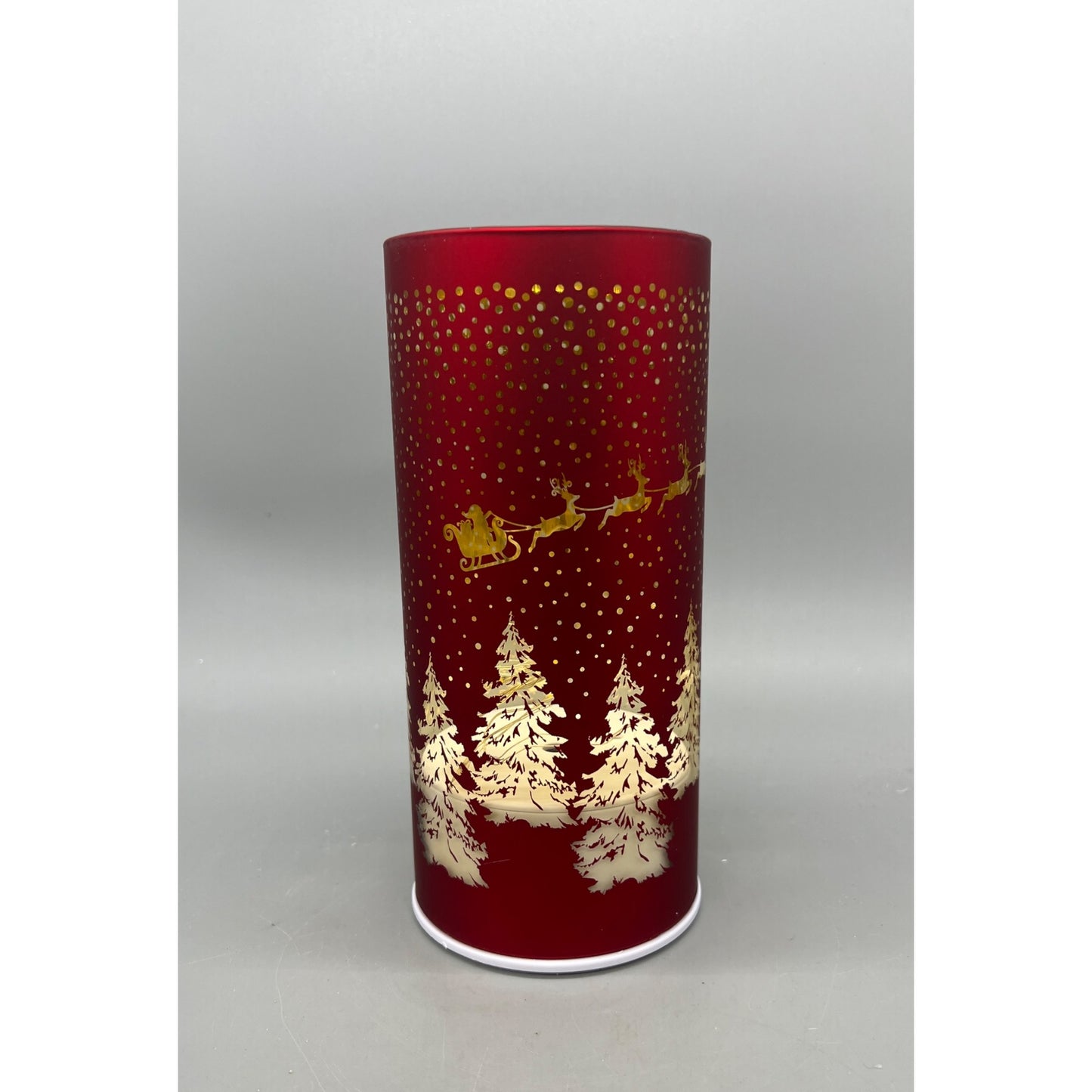 Rotating 8" LED Glass Cylinder With Laser Etched Santa Sleigh & Tree Design