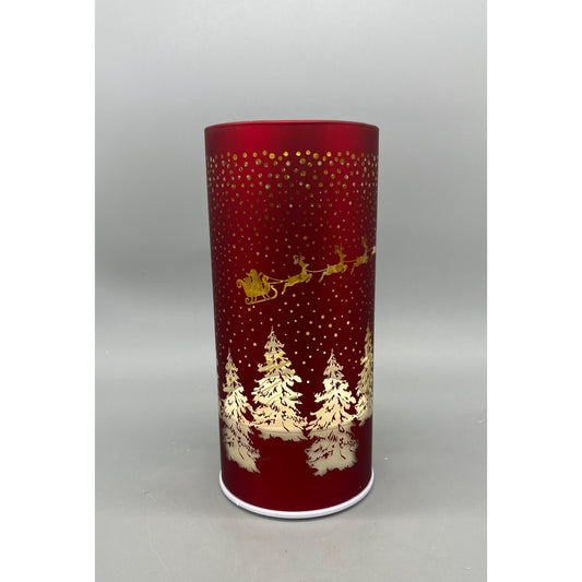Rotating 8" LED Glass Cylinder With Laser Etched Santa Sleigh & Tree Design